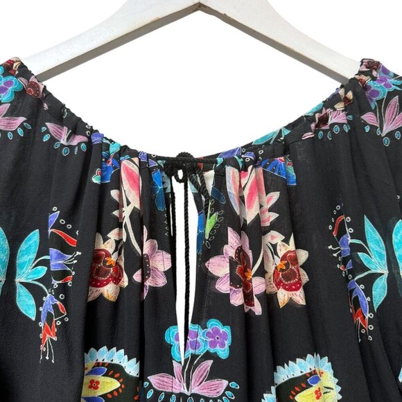 TRYB Silk Blouse XS Black Floral Chiffon Peasant Top Ruffle Lace Anthropologie - Picture 4 of 9